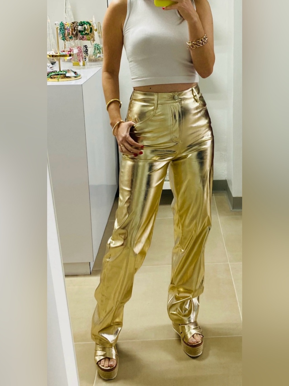 UEC Metallic Shiny Gold High-Rise Straight-Leg Stretch Pants SZ S